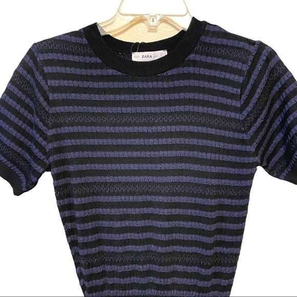 NWT Zara Knit Stretch Blue Black Knit Stripe Dress Size Small - Picture 4 of 12